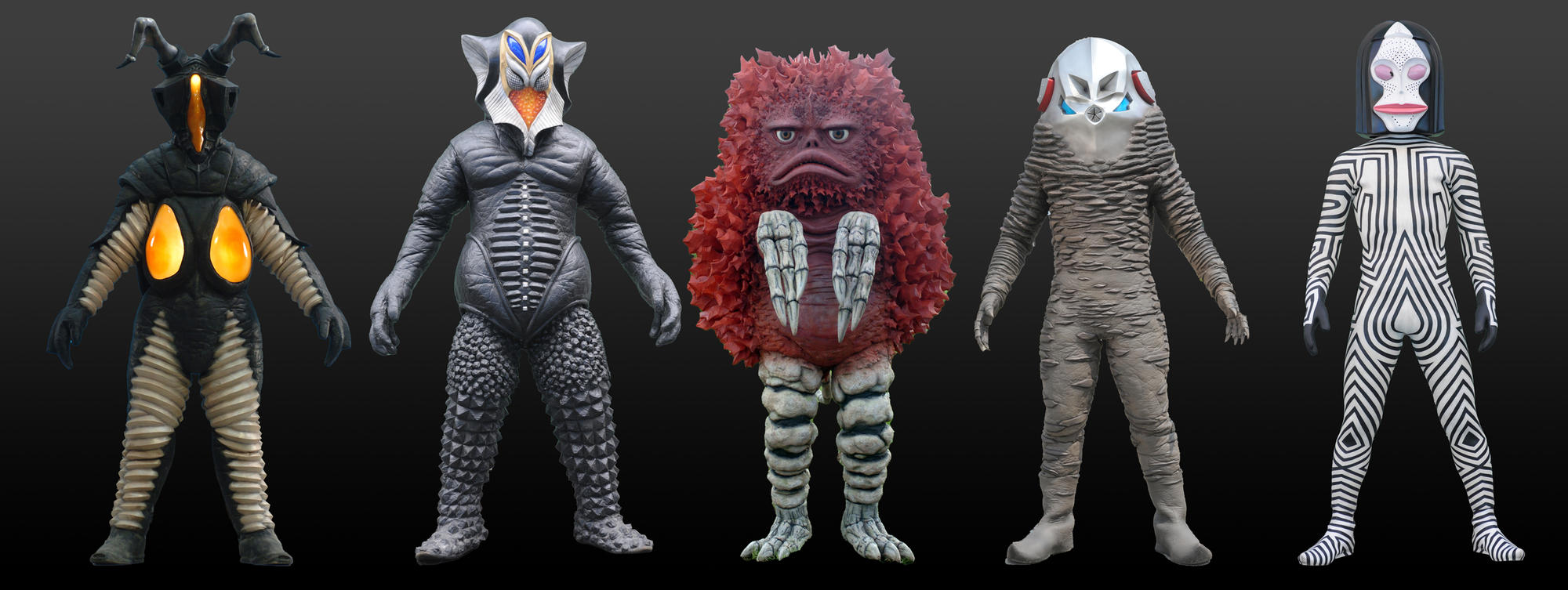 5款主题作品的怪兽原型，从左起为：“芝顿”、“美弗拉斯星人”、“比格蒙”、“扎拉布星人”、“达达”